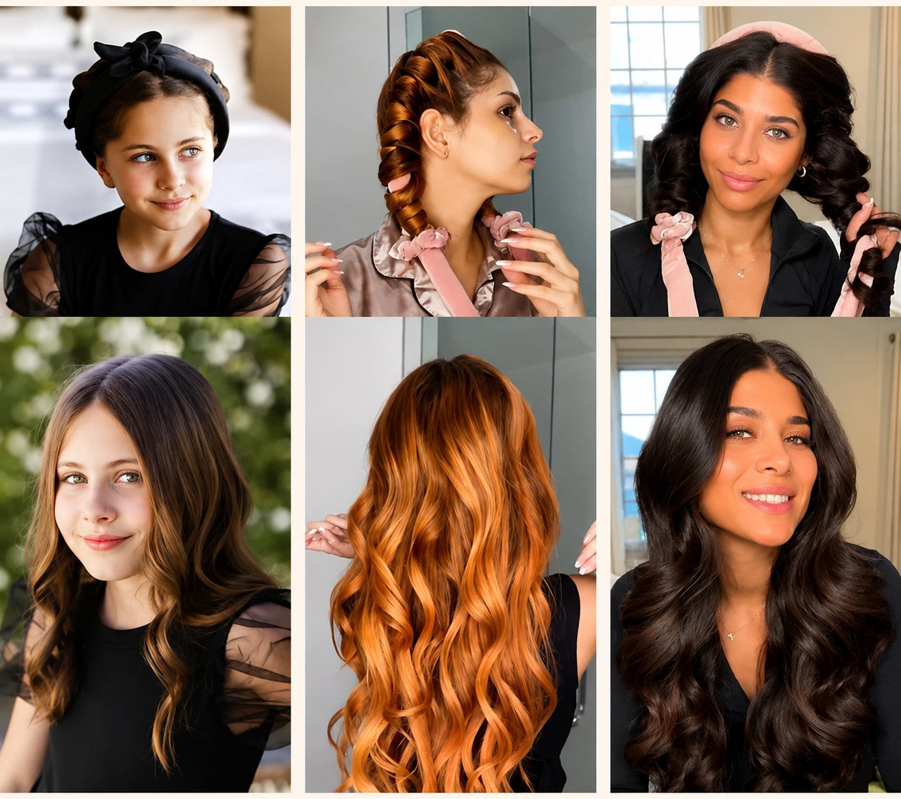Sechs Frauen mit unterschiedlichen Haartypen und Wickeltechniken