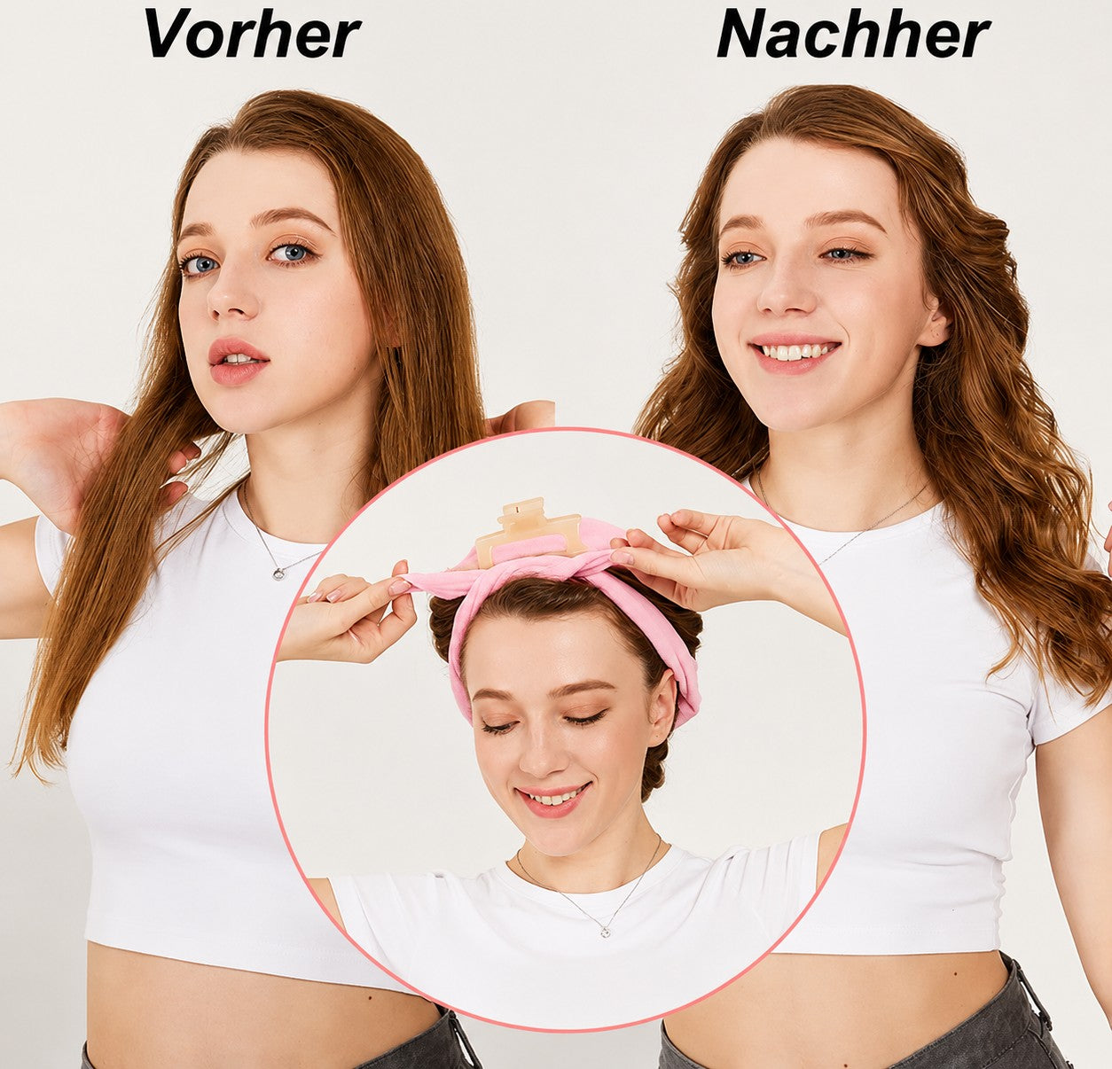 Vorher und nachher: glattes Haar links, weiche Wellen nach einer Nacht mit Ondéa rechts